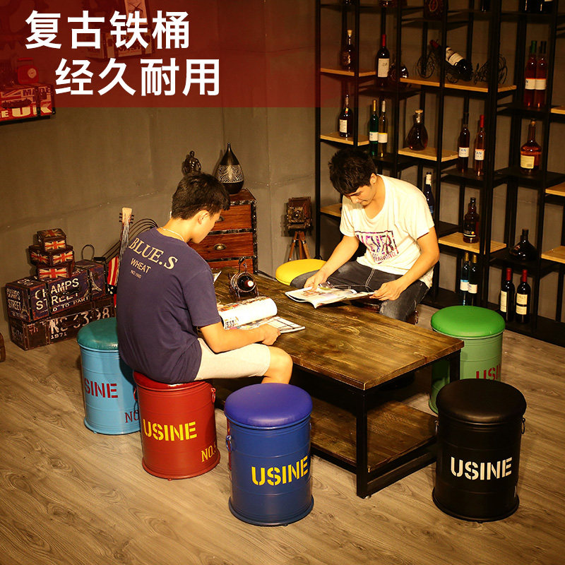 loft复古铁艺铁皮凳子美式油桶凳吧椅圆凳储物凳咖啡酒吧创意摆件