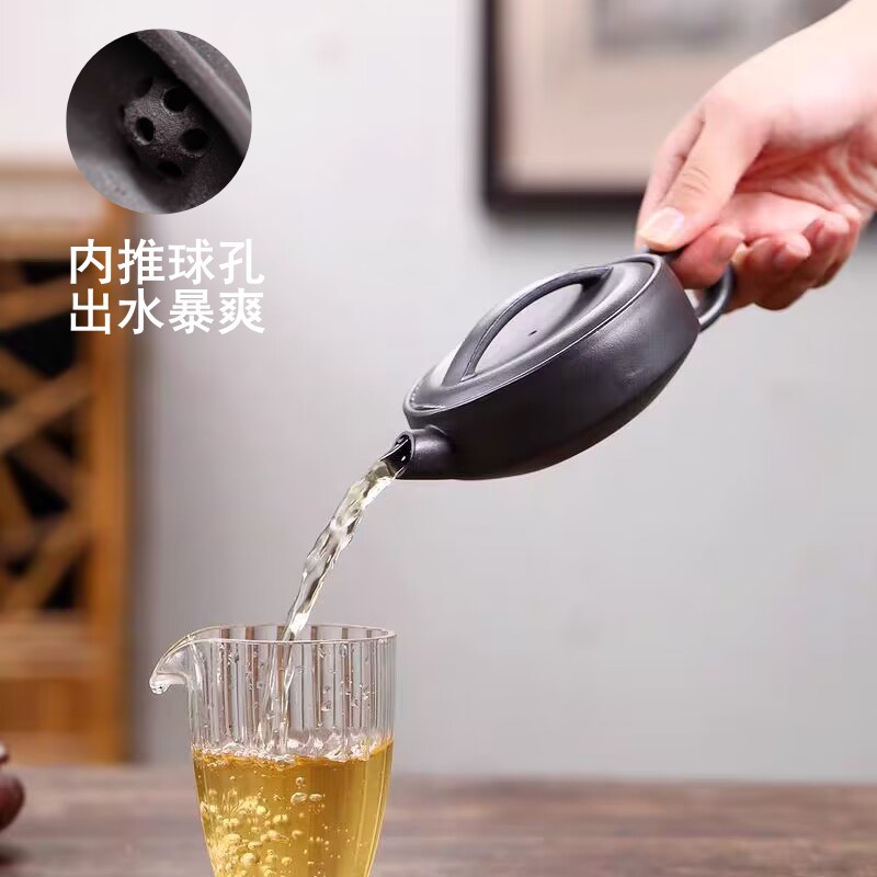 正宗宜兴紫砂壶新款纯全手工原矿黑泥炮嘴球孔大口盖汉瓦黑兔壶