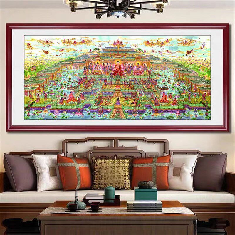 西方极乐世界全景图装饰画接引图西方如来佛三圣佛像画教晶瓷挂画