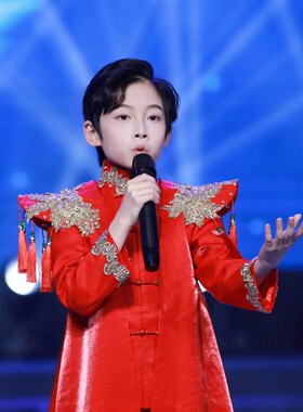 男童高端红色国风礼服套装儿童国潮T台走秀主持演出服中大童霸气