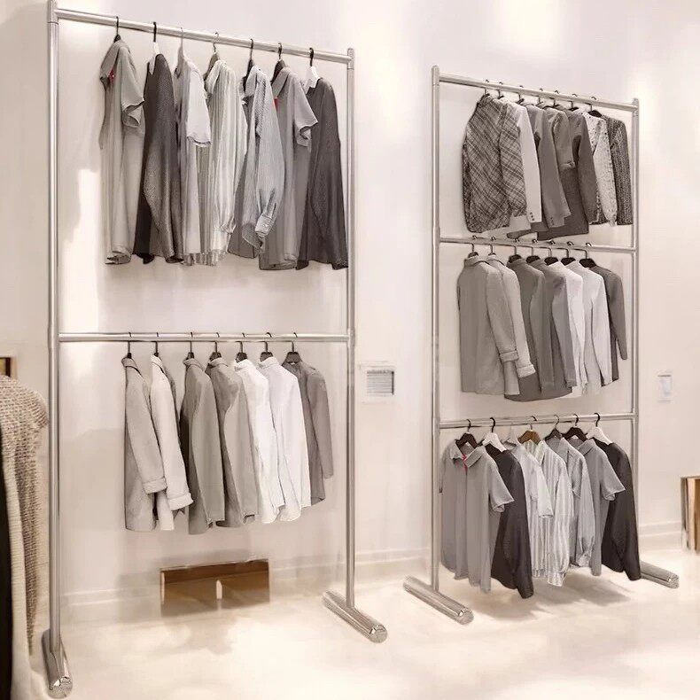 服装店展示架不锈钢银色落地双层可调节三层童装店挂衣货架加轮子