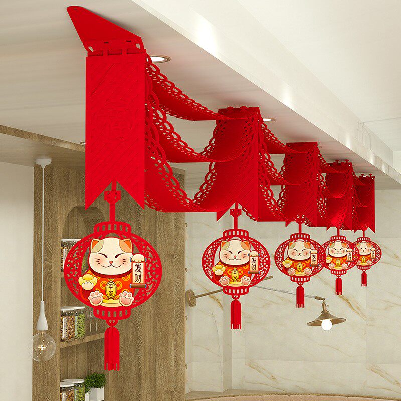 2026新年拉花彩带春节店铺布置装饰走售楼部廊玻璃门马年灯笼挂件