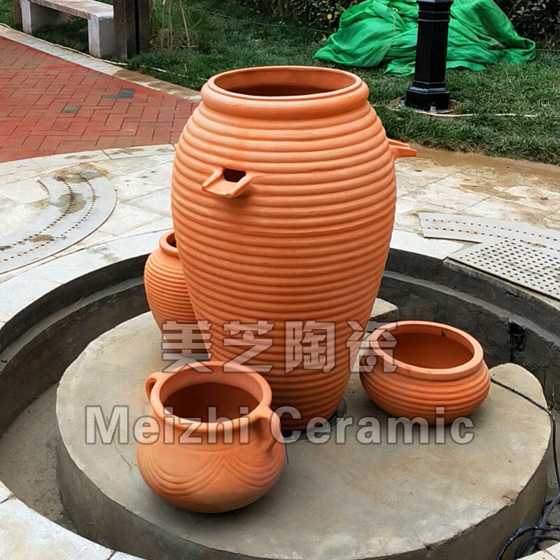 户外喷水池带嘴流水陶罐组合庭院大号陶盆红陶花盆粗陶花瓶喷泉瓶