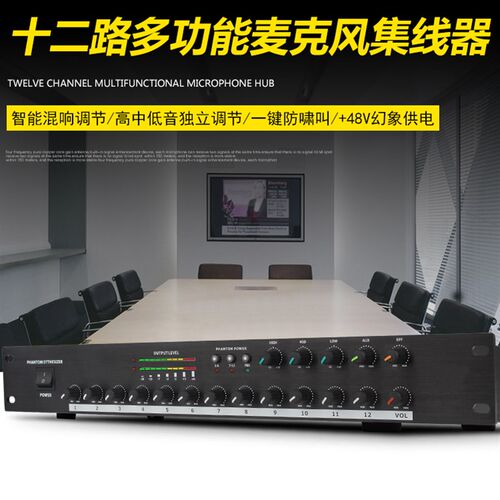 12路话筒音频集线器48V幻象供电工程用分配器智能会议混音防啸叫