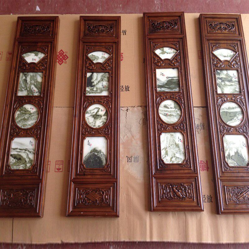 东阳木雕中式挂件客厅沙发背景大理石画挂屏实木香樟木雕刻四条屏