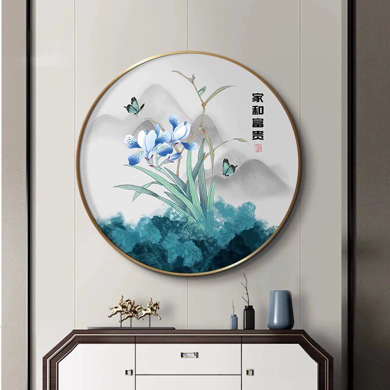 花开富贵中国风玄关挂画新中式客厅背景墙画牡丹花圆形餐厅装饰画