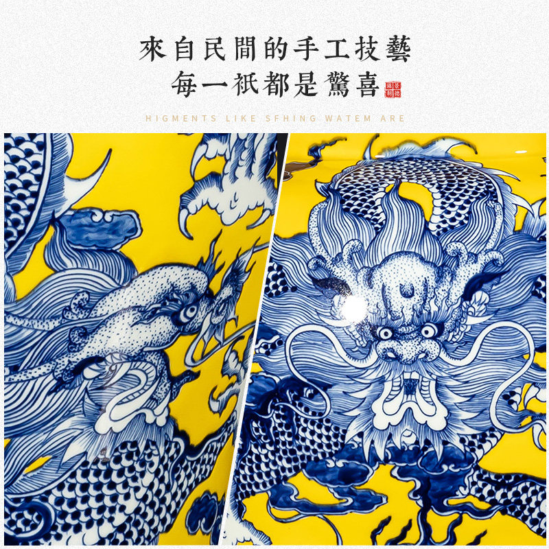 景德镇陶瓷器青花瓷将军罐手绘仿古颜色釉黄色花瓶摆件装饰品大号