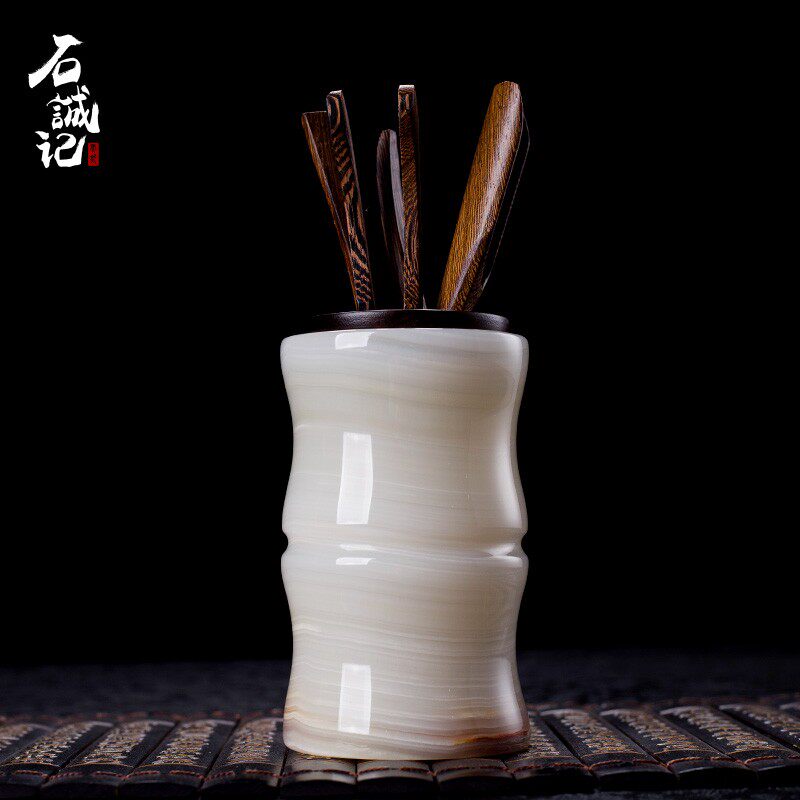 石诚记茶道六君子玉石毛笔筒中式高档复古创意茶筒功夫茶具六件套