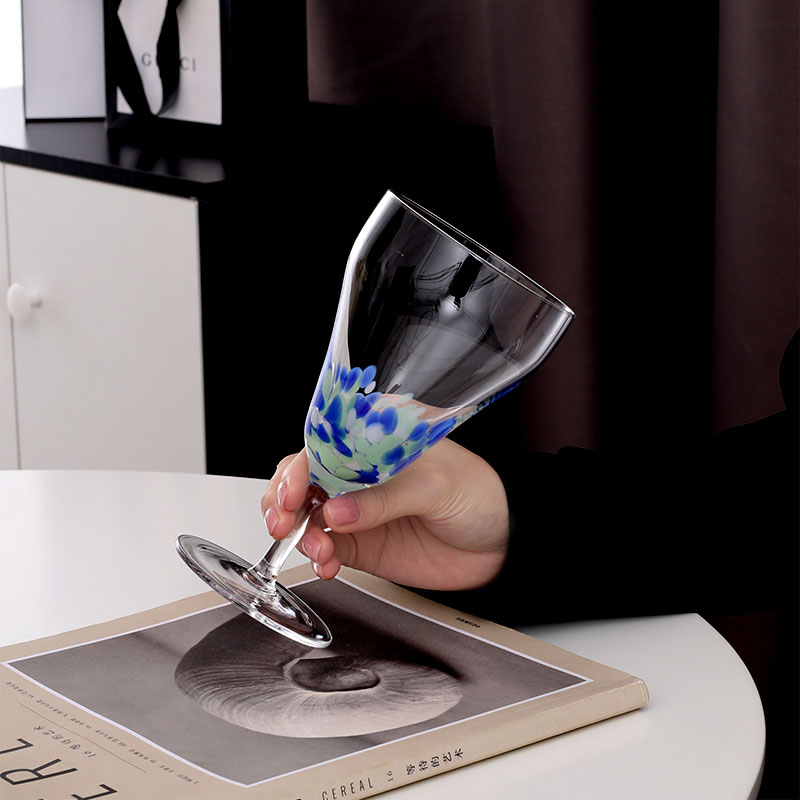 秋空碧杯 月明骑马陟前冈中古杯日式硝子杯高脚彩琉璃津轻酒杯