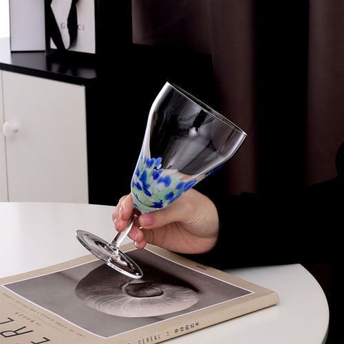 秋空碧杯 月明骑马陟前冈中古杯日式硝子杯高脚彩琉璃津轻酒杯