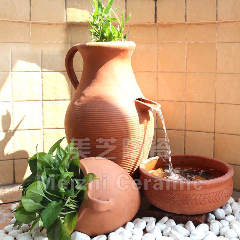别墅户外水景喷泉陶罐流水花盆红陶水缸鱼池循环水钵坛子涌水花瓶