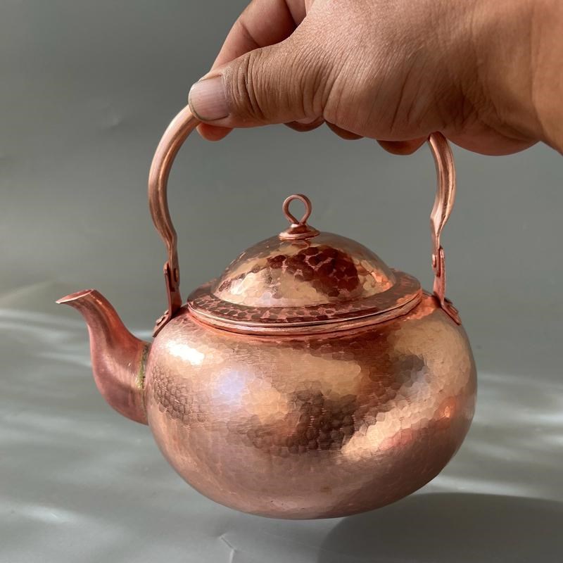 紫铜泡茶壶 圆形小泡壶 纯铜壶提手款烧水壶传统款式款纯手工打造