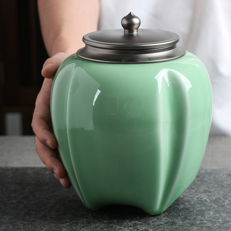 青瓷大号茶叶罐家用一斤装红绿茶罐金属盖陶瓷茶具密封罐储物罐子