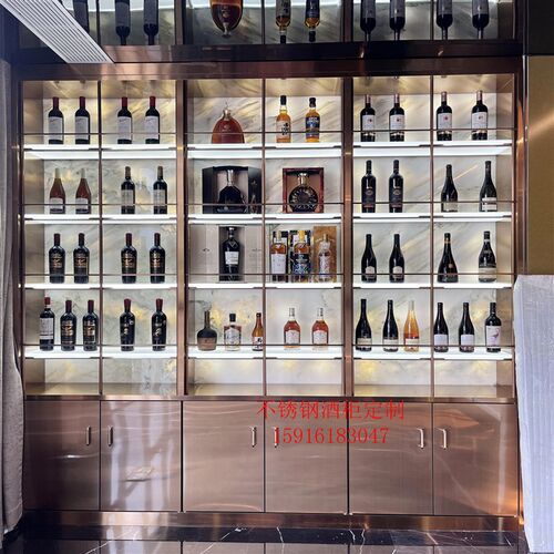 定制轻奢酒庄发光不锈钢红酒柜 玫瑰金红酒架商用金属酒窖展架