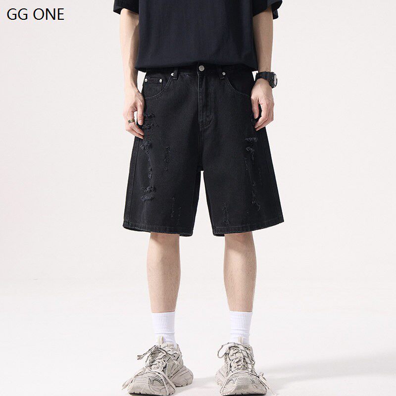GG ONE黑色水洗做旧破洞牛仔短裤男款2026夏季休闲五分裤子男