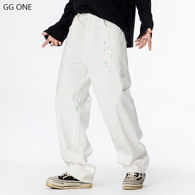 GGONE泼墨白色牛仔裤男