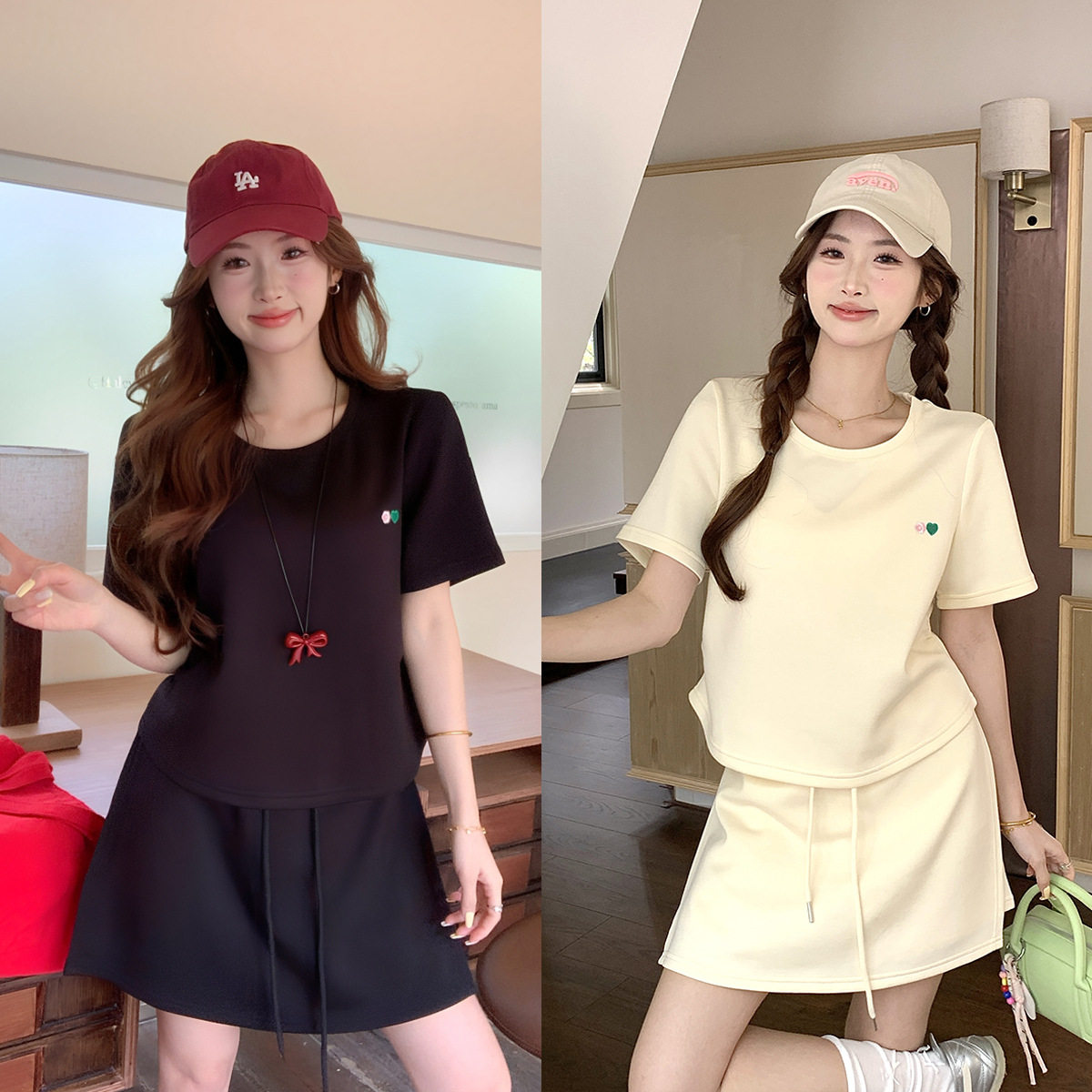 大码时尚套装裙女夏季胖mm显瘦遮肉休闲运动短袖t恤半身裙两件套