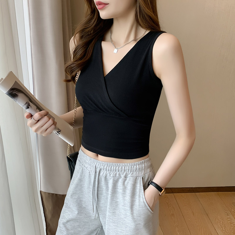 黑色v领无袖背心女内搭2026新款纯棉打底褶皱吊带外穿短款上衣夏