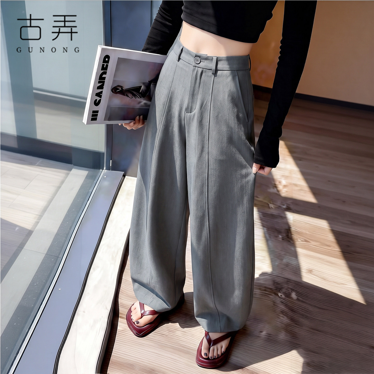浅灰色极简风高腰阔腿裤女2026春季新款宽松显瘦垂感西装裤休闲裤