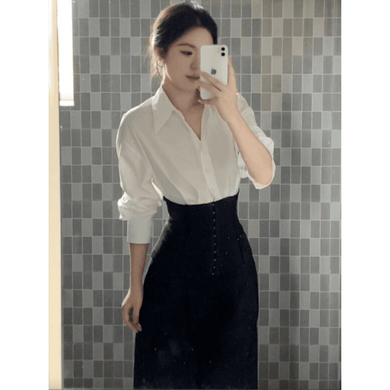 大码胖妹妹高级感法式假两件拼接掐腰长袖衬衫女秋季阔腿裤两件套