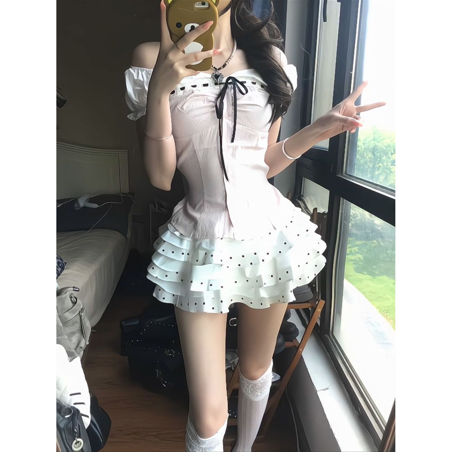 甜美少女粉色泡泡袖衬衫女夏日绝美小套装学院风波点蛋糕蓬蓬短裙