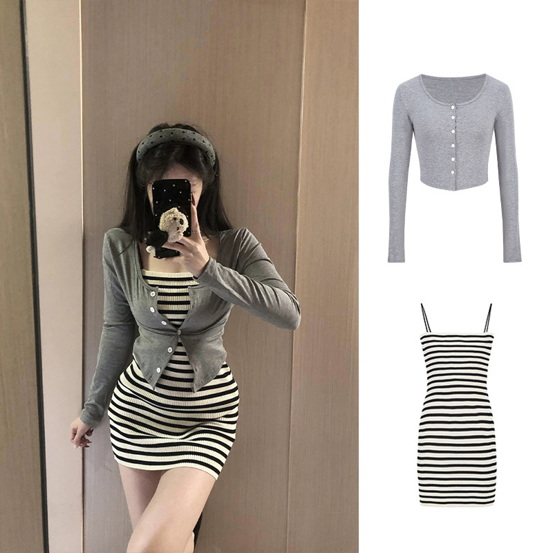 辣妹条纹吊带连衣裙女夏季新款灰色针织开衫修身显瘦包臀短裙套装