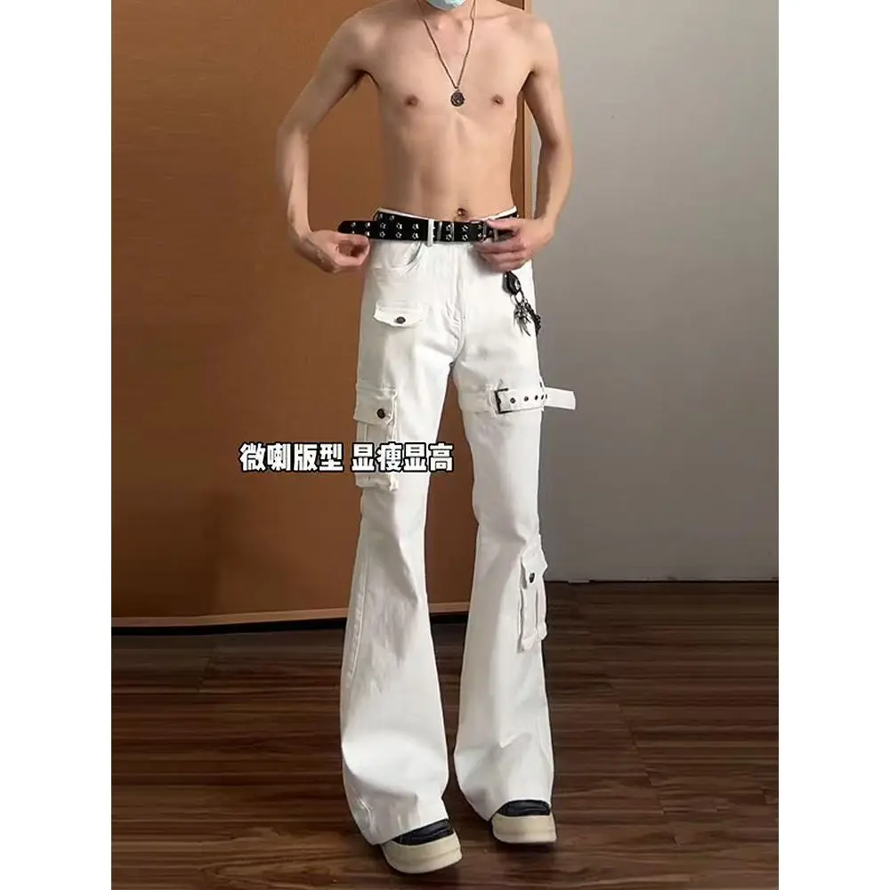 白色绑带微喇牛仔裤男cleanfit美式高街vibe喇叭修身工装裤子夏季