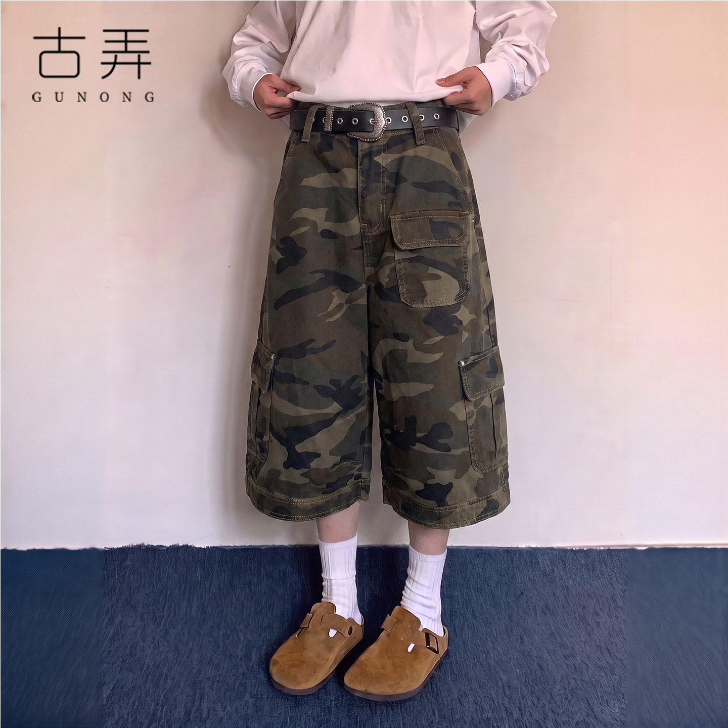 美式迷彩7分工装裤男女款2026夏季宽松直筒潮牌阔腿中裤子