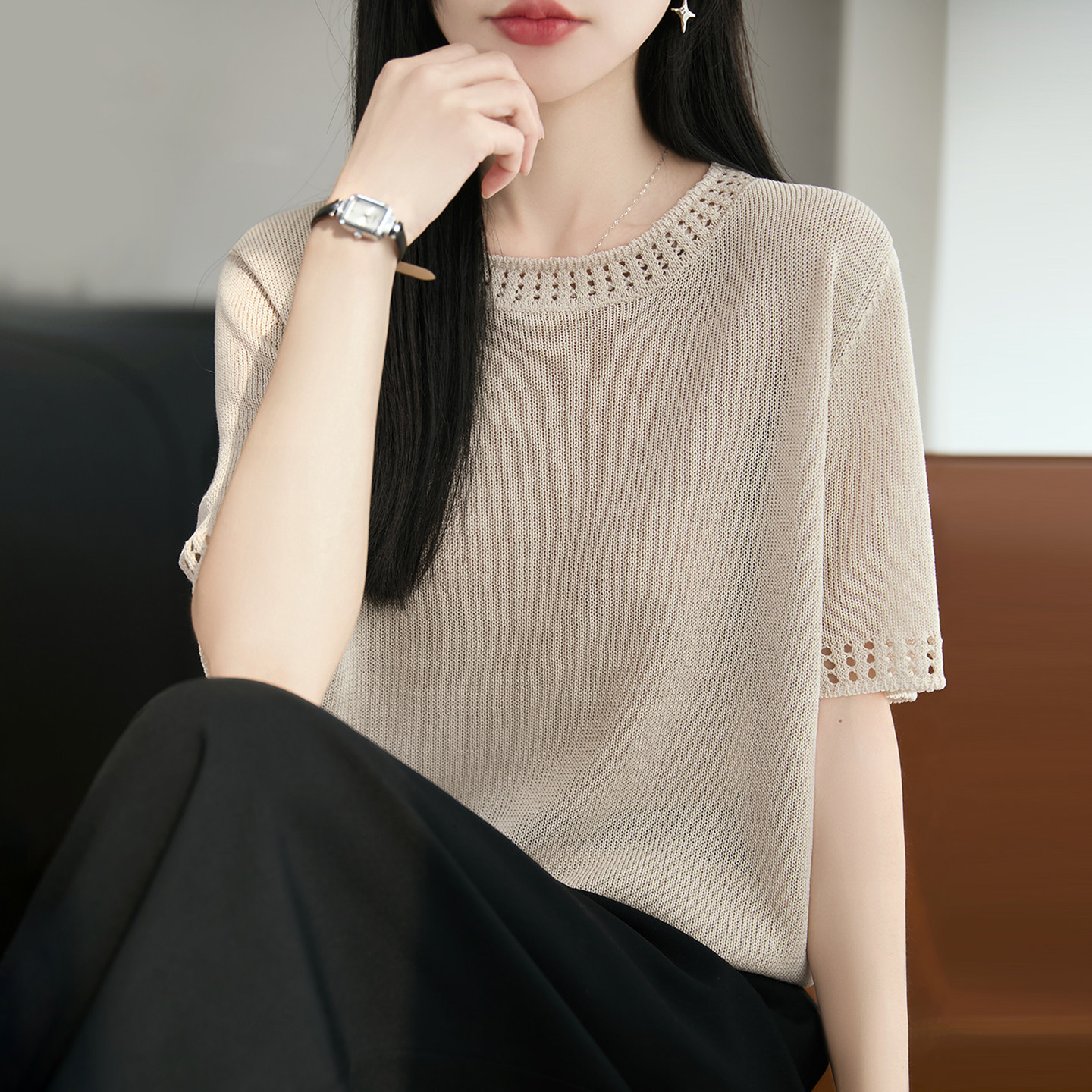 新款韩版镂空纯色针织短袖t恤女夏季薄款冰丝针织衫大码女装上衣