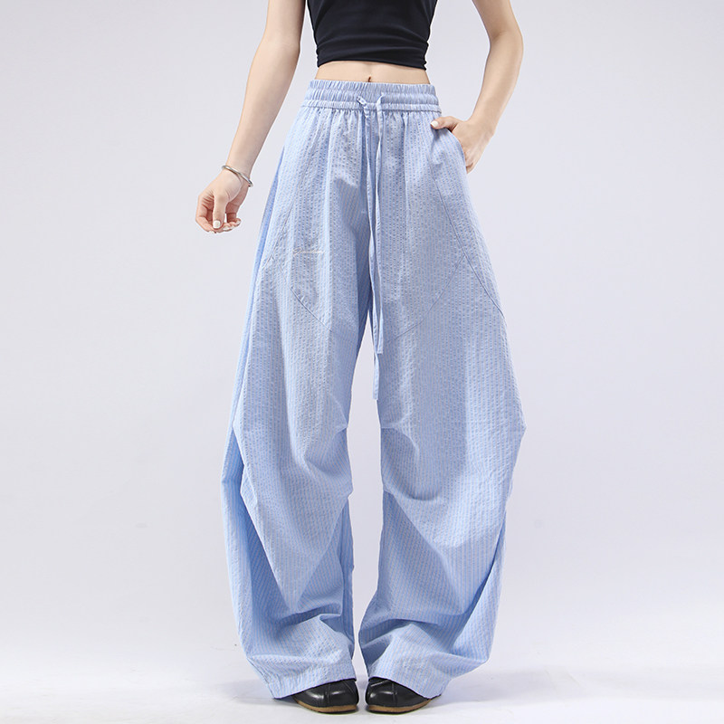 WASSUP HAPPY慵懒风条纹弯刀裤子男夏季薄款宽松休闲系绳阔腿长裤