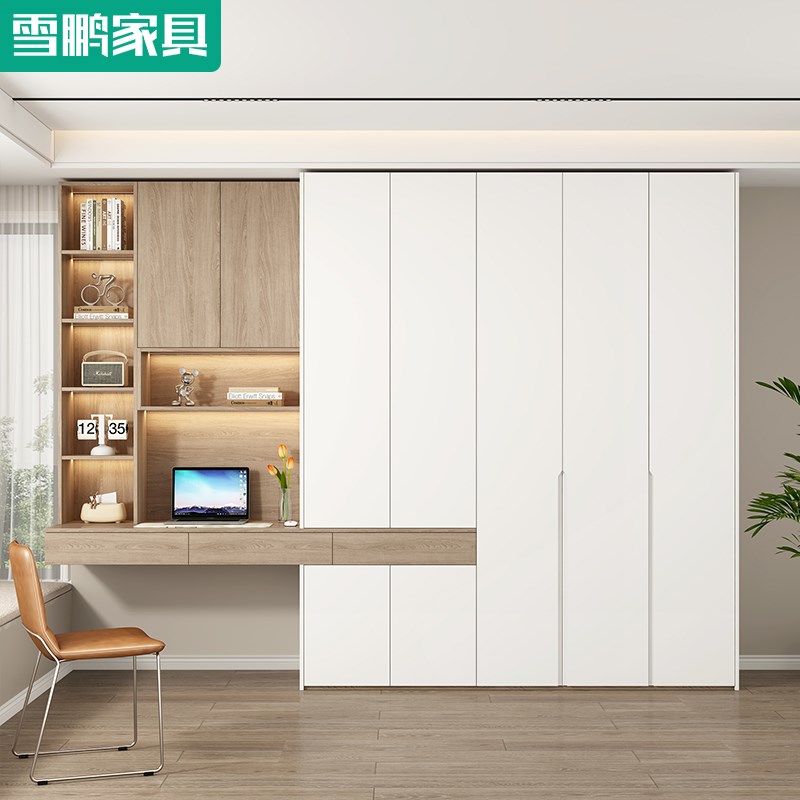 简约大衣柜书桌一体组合家用卧室衣橱飘窗学习桌写字台书柜6A57