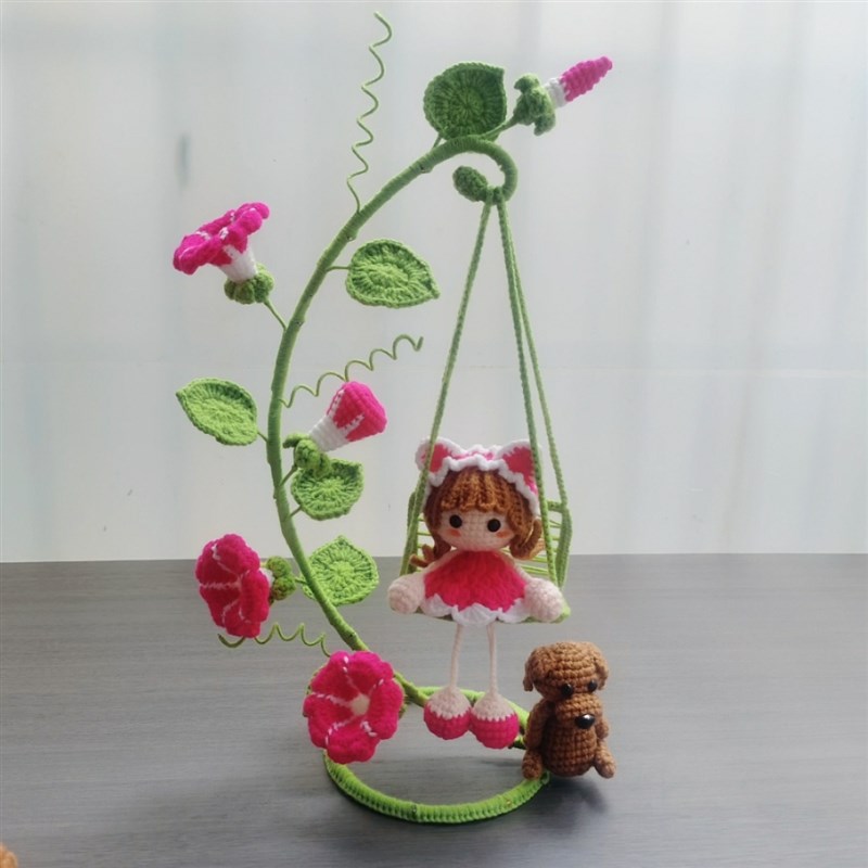 玫瑰花牵牛花秋千娃娃创意摆件成品 纯手工制作
