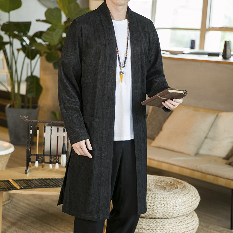 秋季宽松大码抗皱中长款外套复古道袍风衣男士中国风对襟开衫禅服