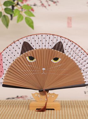 甄选烤漆柄手绘猫扇日本女生竹叠折扇卡通龙猫扇真丝创意日式工艺