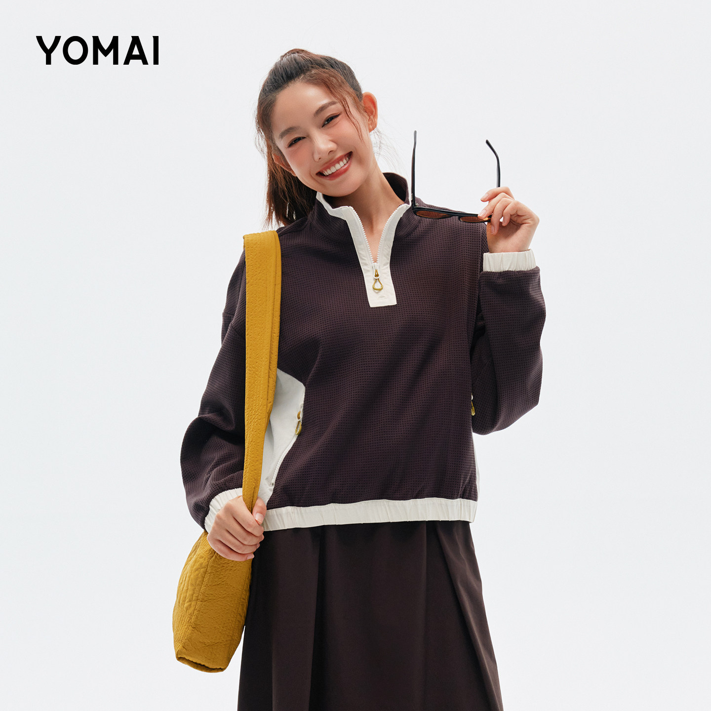 YOMAI半拉链外套女2026新款立领撞色拼接宽松运动上衣秋卫衣休闲