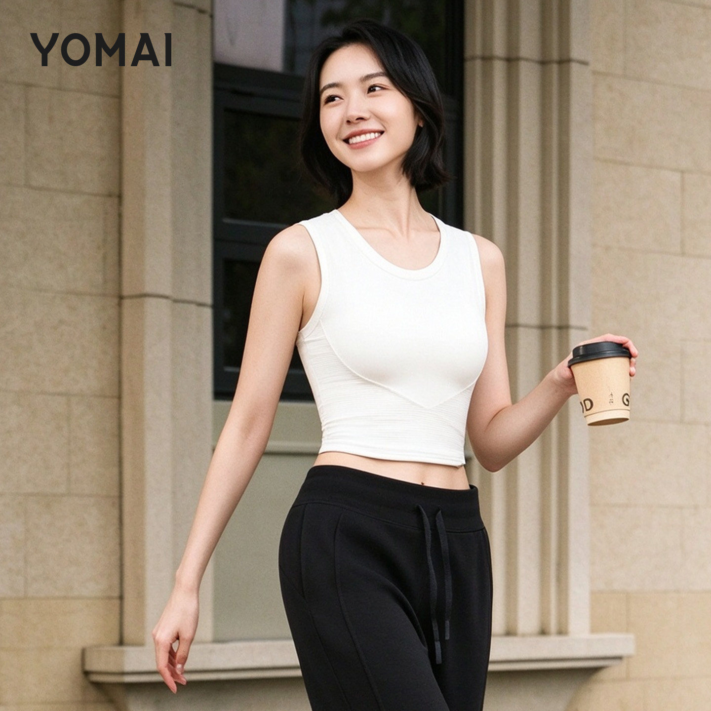 YOMAI带胸垫白色运动背心健身服网球内衣瑜伽普拉提上衣外穿速干