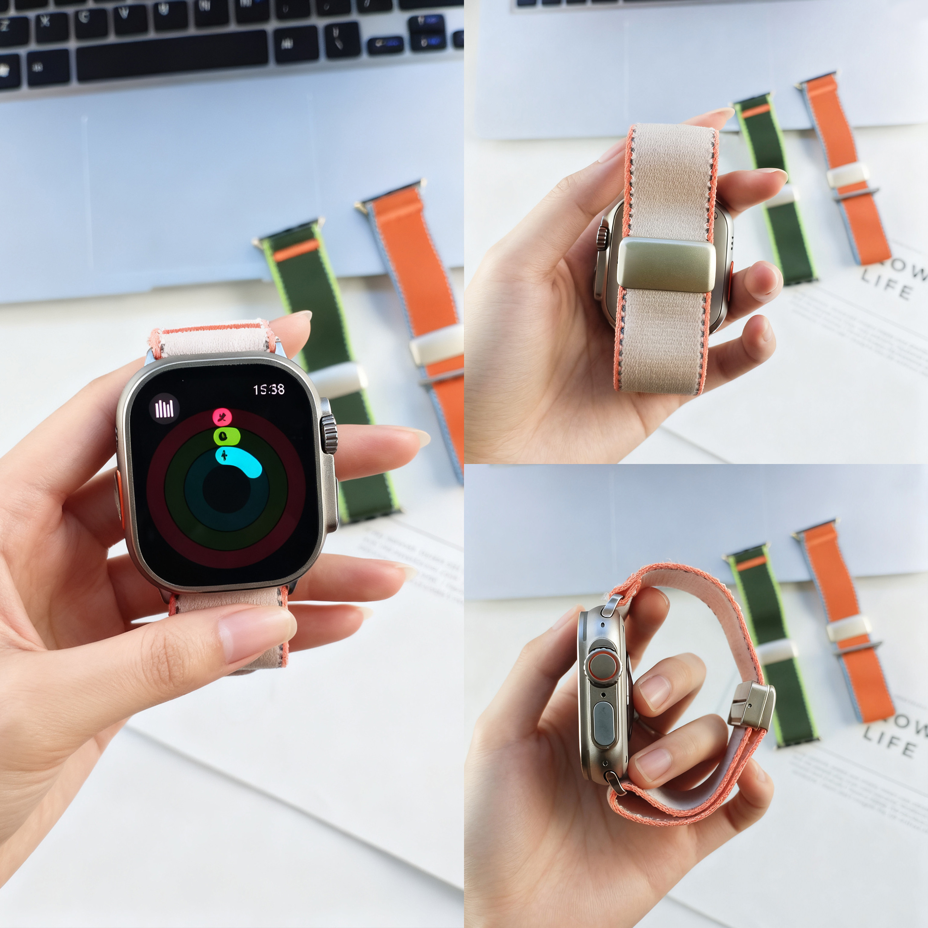 RENHANE适用苹果s11手表带applewatch12尼龙编织表带新款iwatch9磁吸腕带S8运动s7布料se3夏季秋冬高级男表链
