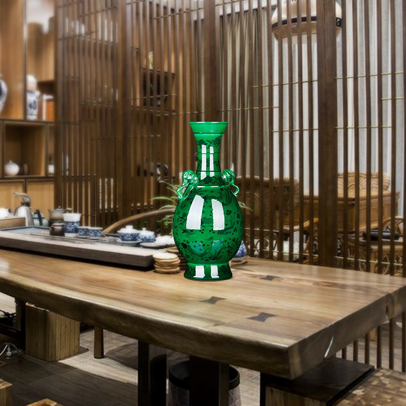 景德镇陶瓷器绿釉大花瓶彷古中式插花器摆件家居客厅装饰品工艺礼