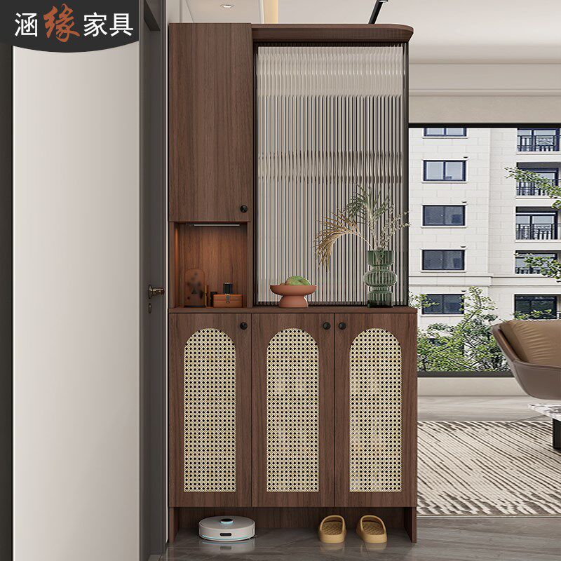 进门双面玄关隔断柜客厅屏风柜复古仿藤编门厅鞋柜收纳一体柜7W32