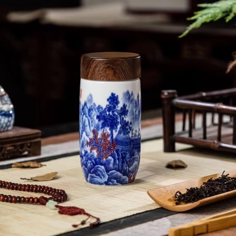 景德镇陶瓷保温杯带盖青花瓷山水茶杯内胆过滤网办公泡茶礼品水杯