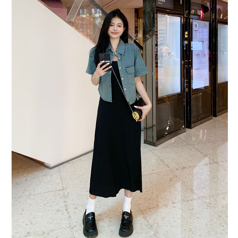 小吉家大码女装时尚套装夏复古牛仔短袖衬衫吊带连衣裙显瘦两件套
