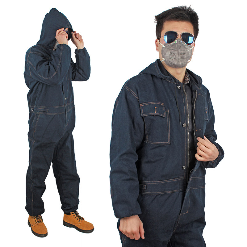 电焊防护服连体牛仔工作服加厚连体带帽防尘服焊工劳防污服喷漆服