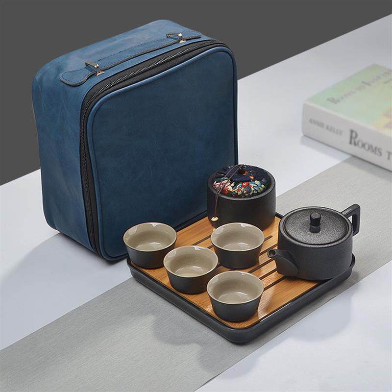 黑陶一壶两杯功夫茶具套装便携包简约家用泡茶壶户外车载蓄水茶盘