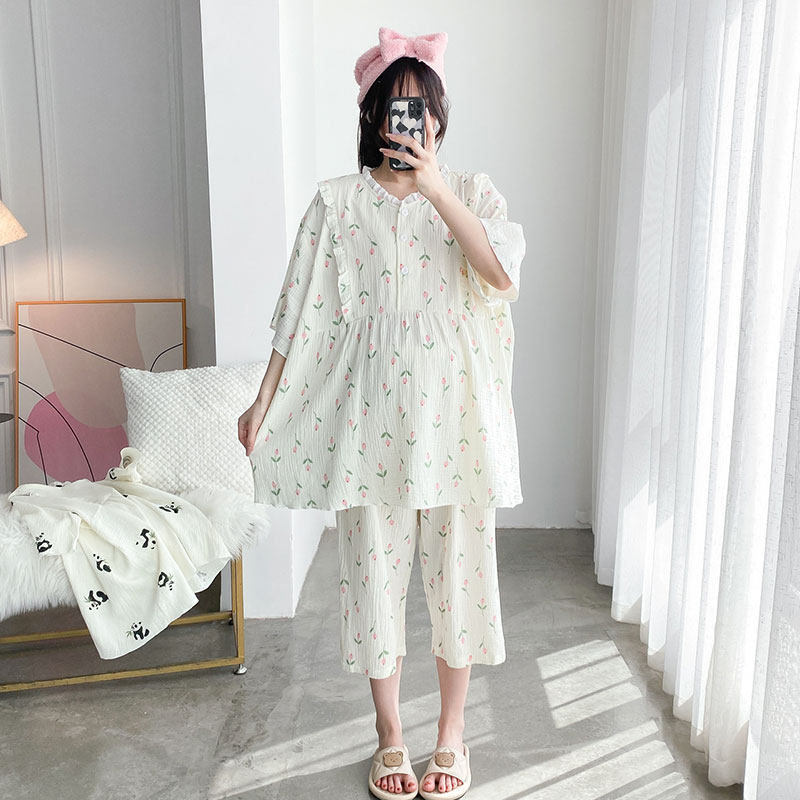 大码孕妇哺乳睡衣短袖夏季纱布产后月子服棉纱薄款家居服女200斤