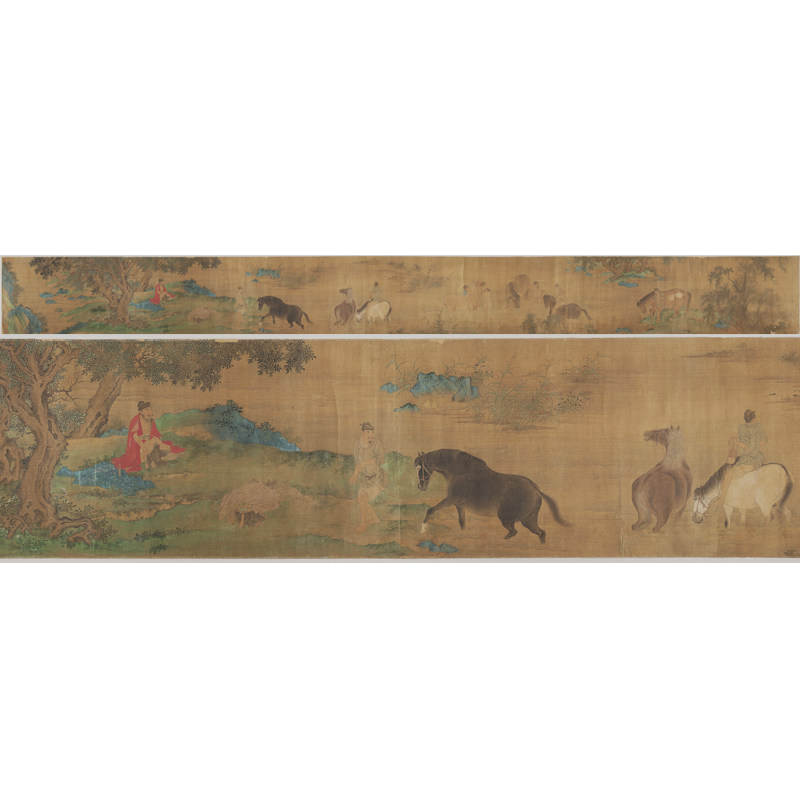 赵孟花溪浴马图古代人物山水国画横幅动物手卷艺术微喷复制装饰