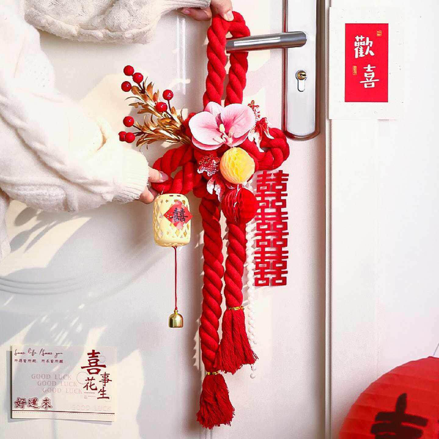婚房万字结布置结婚装饰新房女方房门上喜字卧室门把手挂件中国结