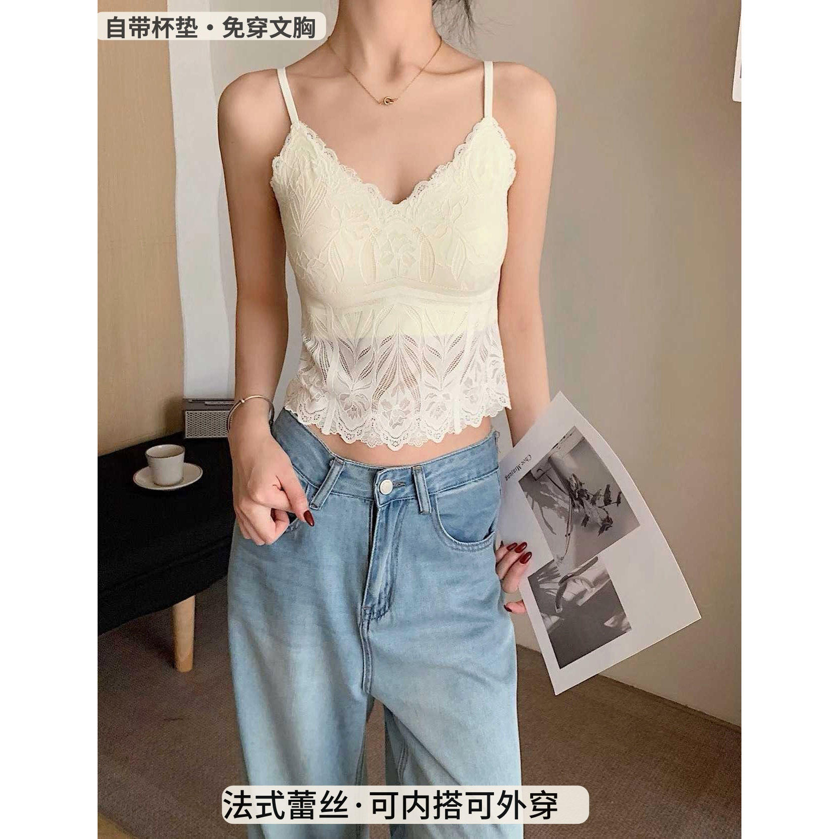 法式蕾丝美背吊带 带胸垫抹胸式上衣 辣妹打底衫可外穿吊带背心