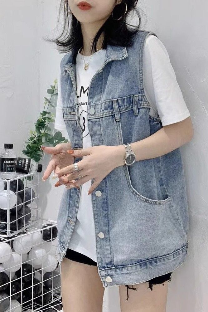 2026早秋牛仔马甲女学生韩版宽松中长款网红无袖背心马夹外套女潮