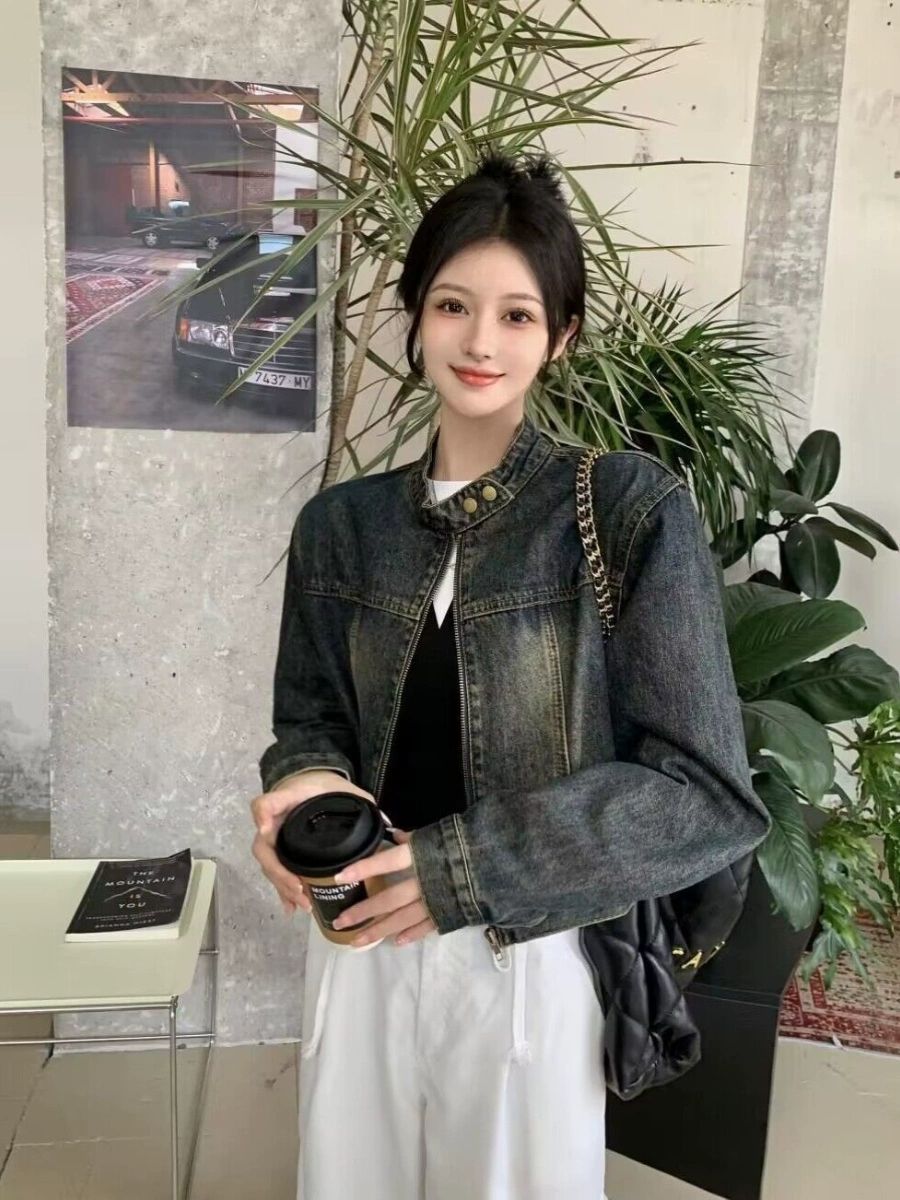 复古水洗牛仔外套春秋新款拉链宽松显瘦小个子短款学生女夹克上衣