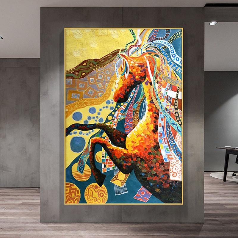 网红客厅油画动物马装饰画彩绘抽象骏马玄关挂画大尺寸过道走廊轻